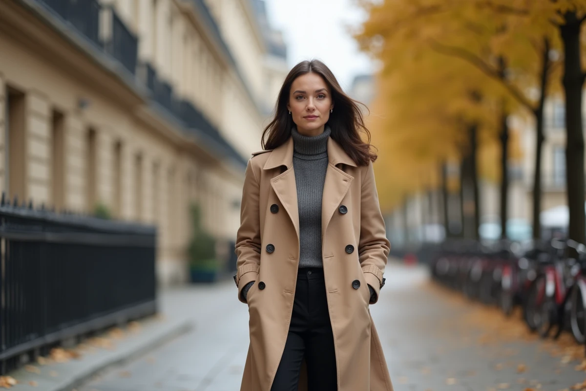 Femme déterminée en imperméable beige dans une rue parisienne, symbolisant la résilience face aux critiques en ligne
