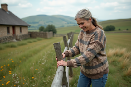 Femme en pull en laine et jeans dans un paysage rural