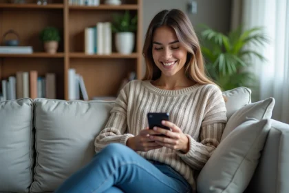 Femme souriante utilisant son smartphone dans un salon cosy