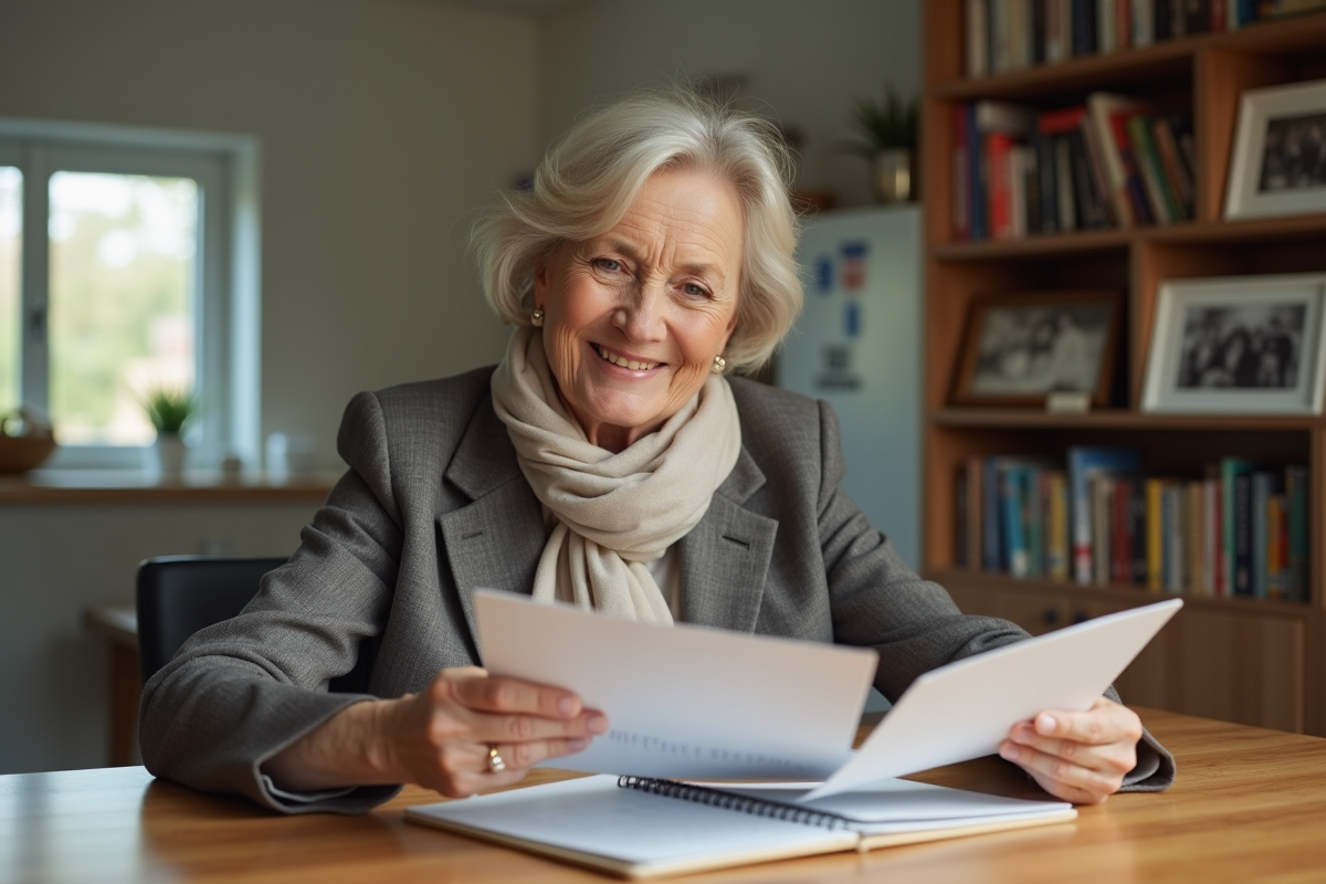 Femme senior souriante consulte son calendrier dans une cuisine lumineuse