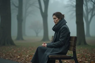 Femme seule assise sur un banc dans un parc d'automne brumeux, exprimant une tristesse silencieuse et une solitude profonde