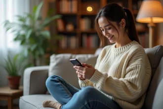 Jeune femme souriante qui envoie un message romantique sur son téléphone depuis son canapé