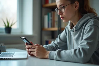 Jeune femme consultant les statistiques d'abonnés TikTok sur son smartphone dans un bureau minimaliste