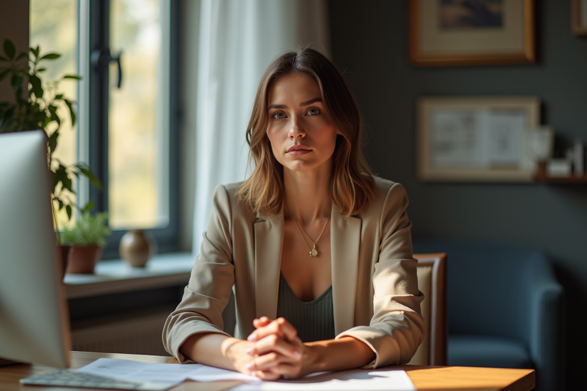 Femme élégante assise à un bureau lumineux