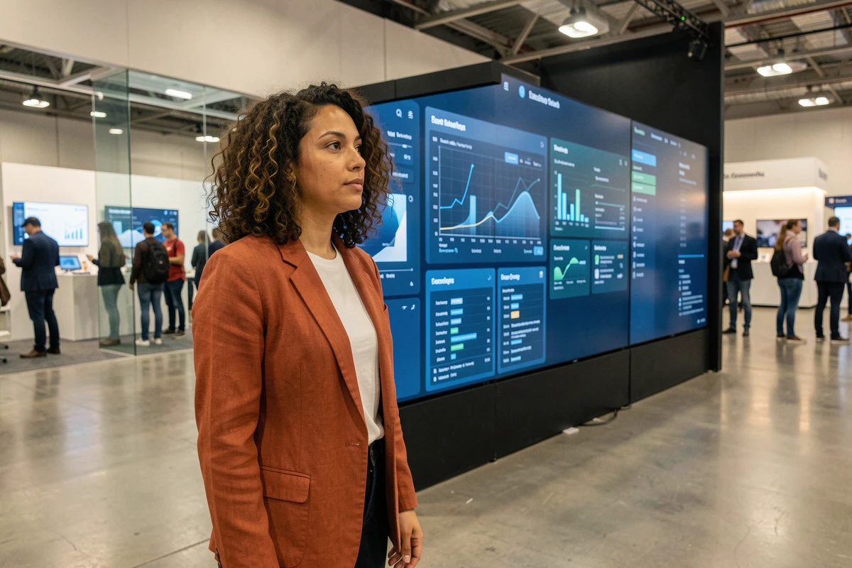 Femme passionnée de technologie devant un écran interactif lors d'un salon tech en 2026, nouveautés et tendances numériques