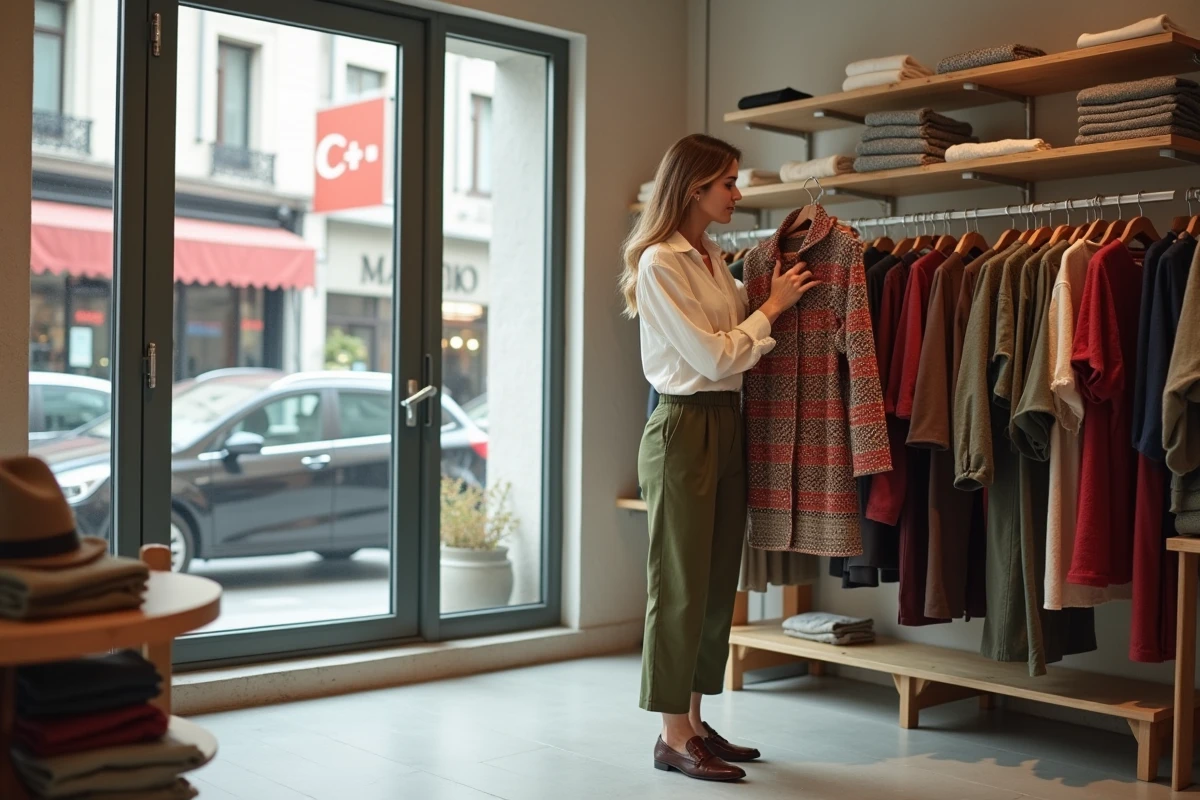 Femme turque élégante dans une boutique de mode contemporaine à Istanbul examinant une veste aux motifs traditionnels kilim