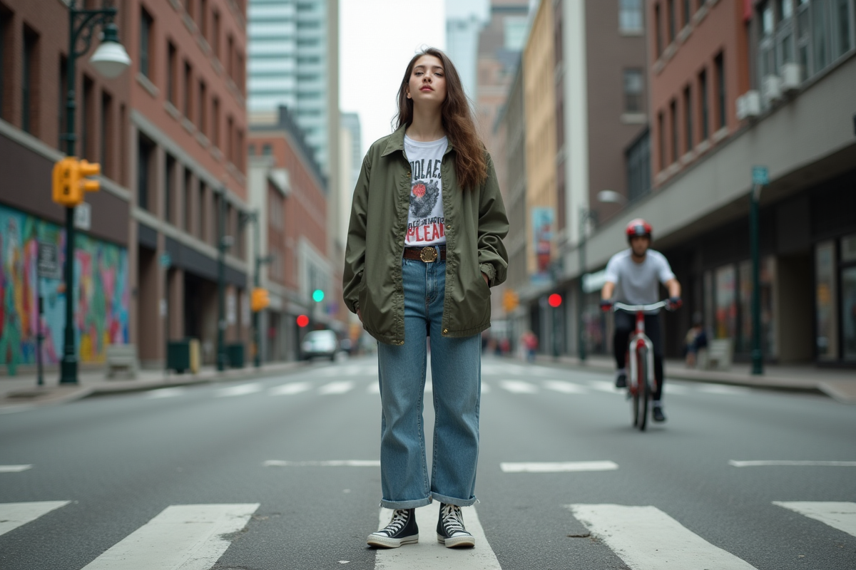 Jeune femme dans la rue avec vêtements décontractés