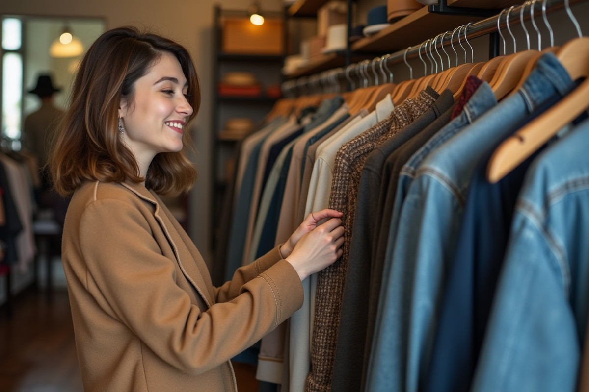 Femme souriante inspectant une veste vintage dans une boutique