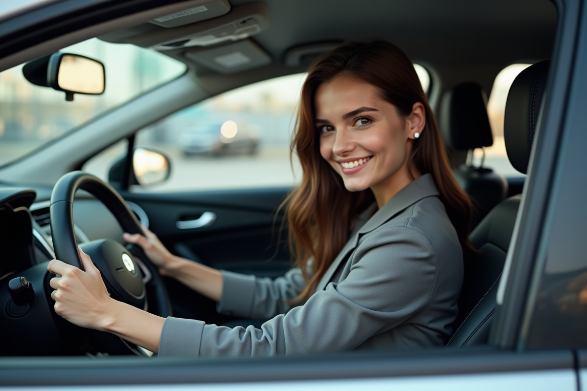 Femme souriante dans la voiture en ville