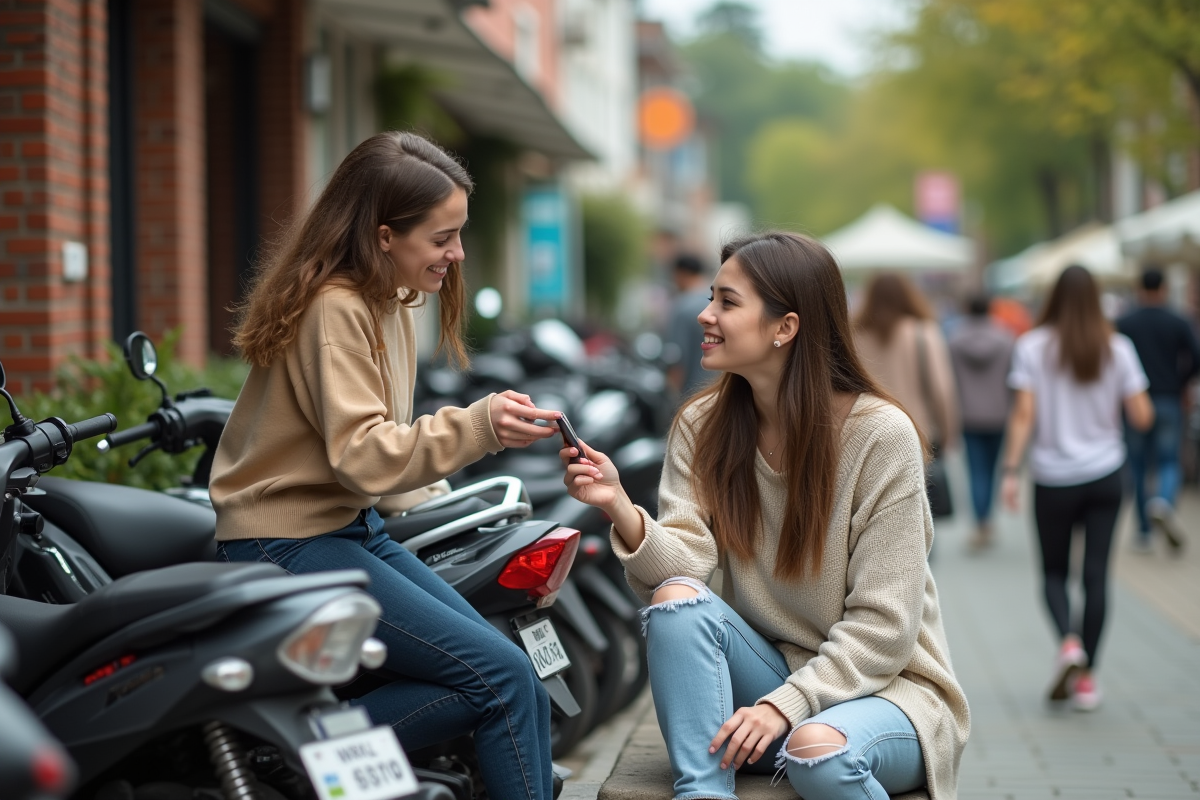 Deux jeunes femmes comparant des motos 50cc dans un marché suburbain