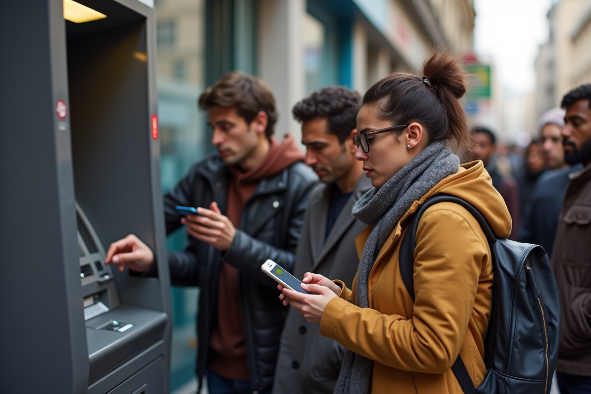 Groupe de personnes faisant la queue à un distributeur automatique