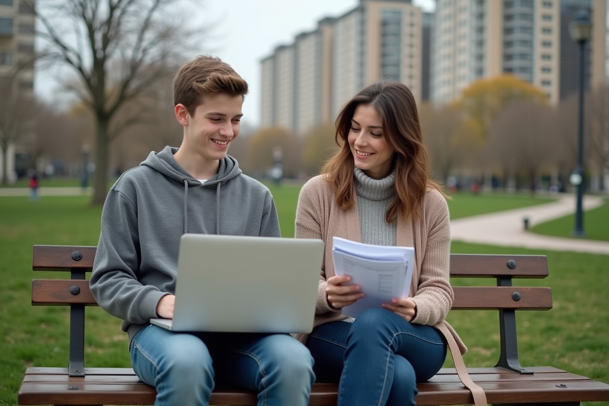 Adolescent avec sa mère tenant des documents dans un parc urbain