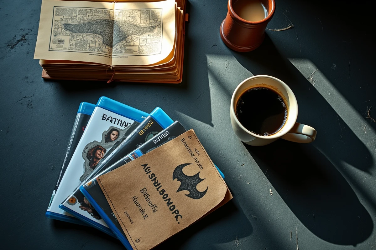 Flat lay de films Batman en ordre chronologique avec guide manuscrit et carte de Gotham sur ardoise sombre