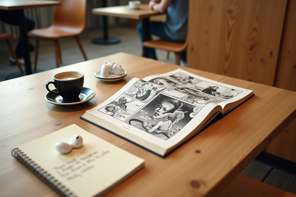 Mise en scène flat lay d'un manga et accessoires sur une table de café, ambiance lecture décontractée
