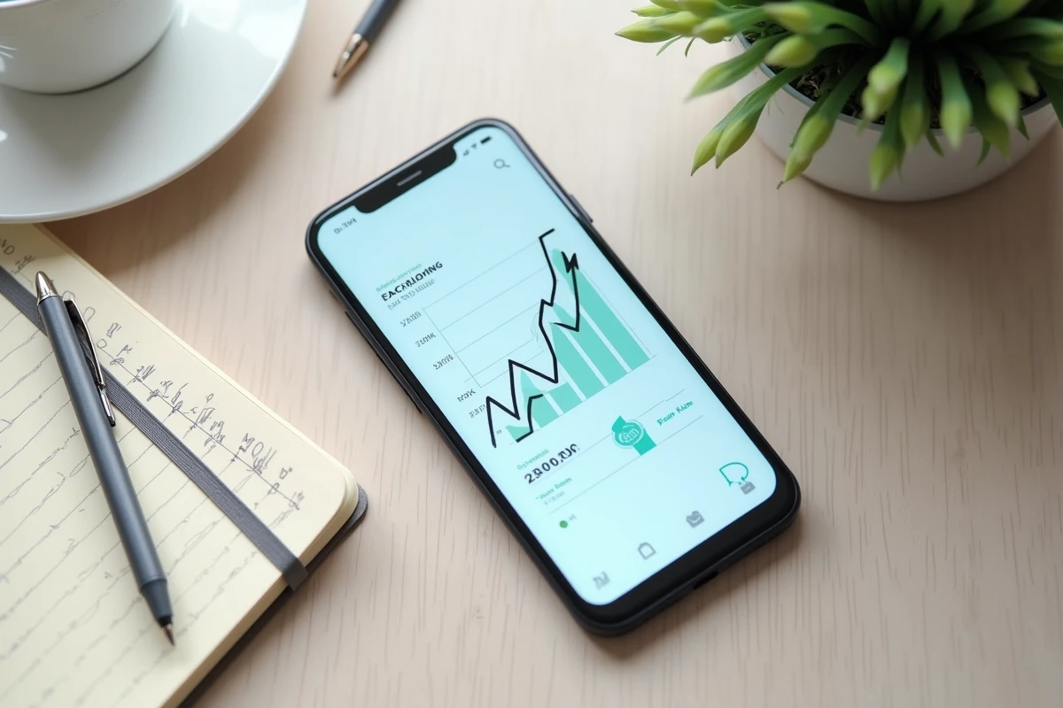 Vue en plongée d'un smartphone affichant une courbe suspecte de croissance d'abonnés TikTok artificiels