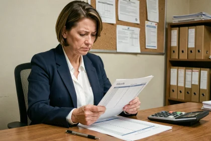 Fonctionnaire territoriale analysant sa grille indiciaire dans un bureau administratif