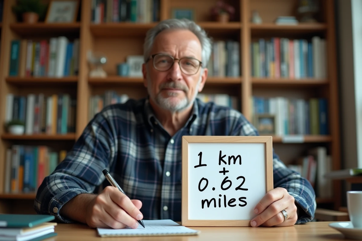 Homme écrivant la formule de conversion kilomètres en miles sur un tableau blanc dans un bureau à domicile