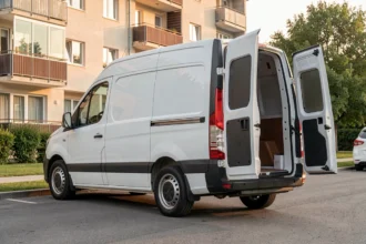 Fourgon de déménagement blanc garé devant un immeuble