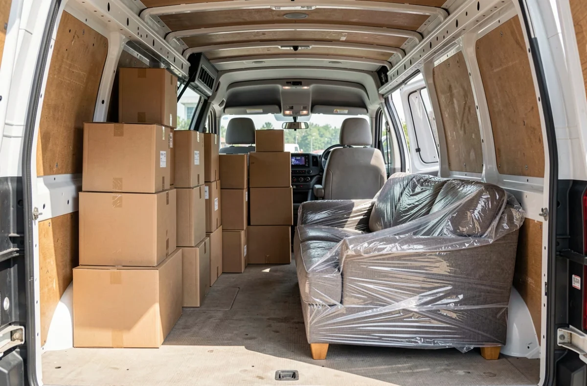 Fourgon de location ouvert, chargé de cartons de déménagement