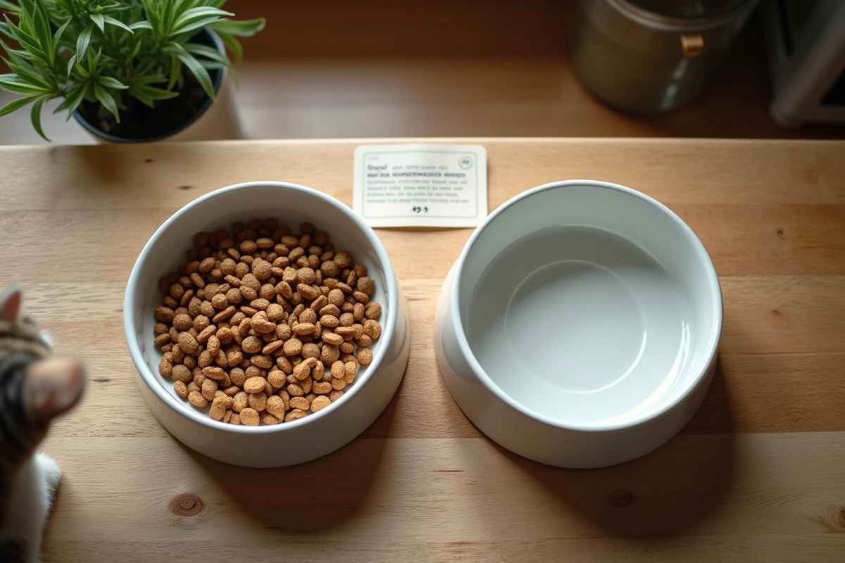 Gamelles de croquettes et d'eau pour chat stérilisé avec étiquette nutritionnelle, vue de dessus sur table en bois