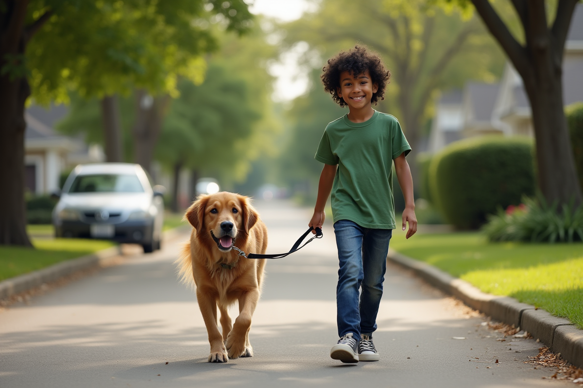 Garçon de 12 ans promenant un chien dans la rue résidentielle