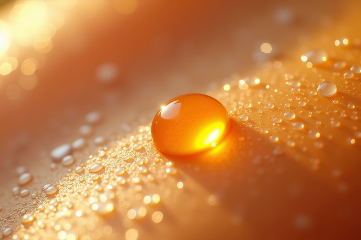 Gouttes de vitamine C sur peau humide en macro