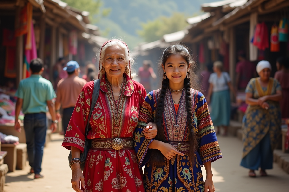 Grand-mère et adolescente en costumes traditionnels dans un marché animé
