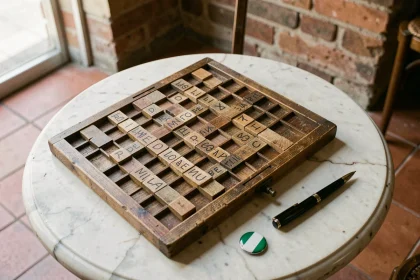 Grille de mots croisés en bois posée sur du marbre dans un café romain avec des noms de villes italiennes écrits à la main