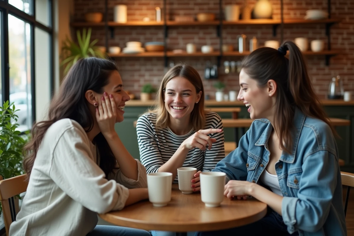 Trois amies qui se comprennent sans parler autour d'un café, échangeant des regards complices et des rires spontanés