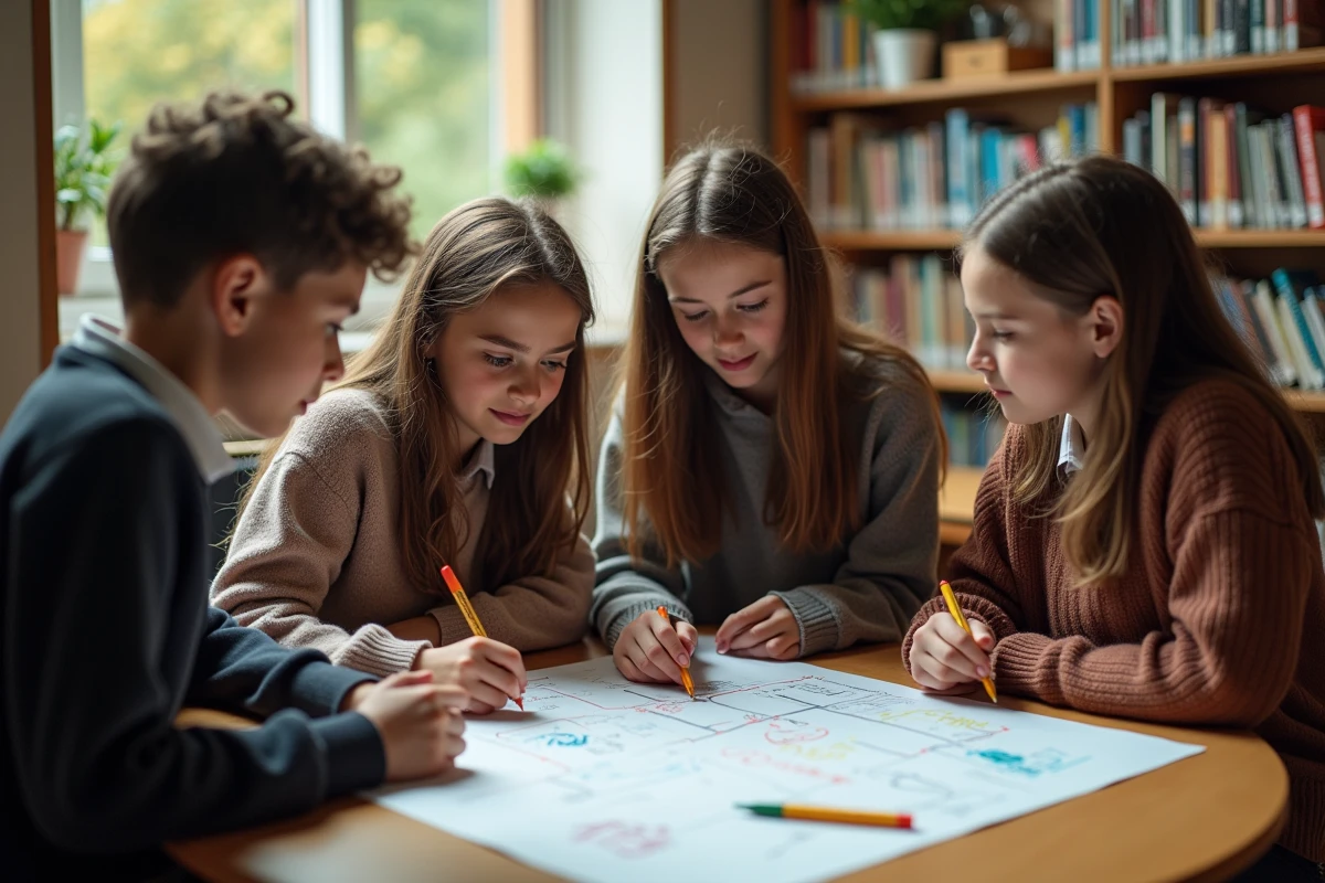 Groupe d'élèves travaillant ensemble sur un projet de classe autour d'une table de bibliothèque scolaire