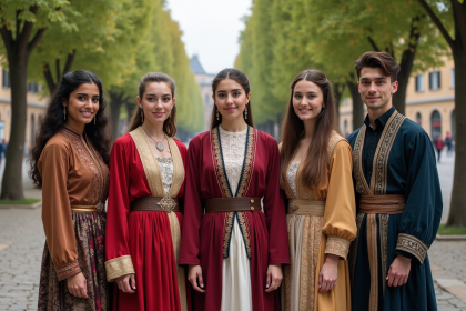 Groupe de jeunes adultes en tenues traditionnelles diverses en plein air