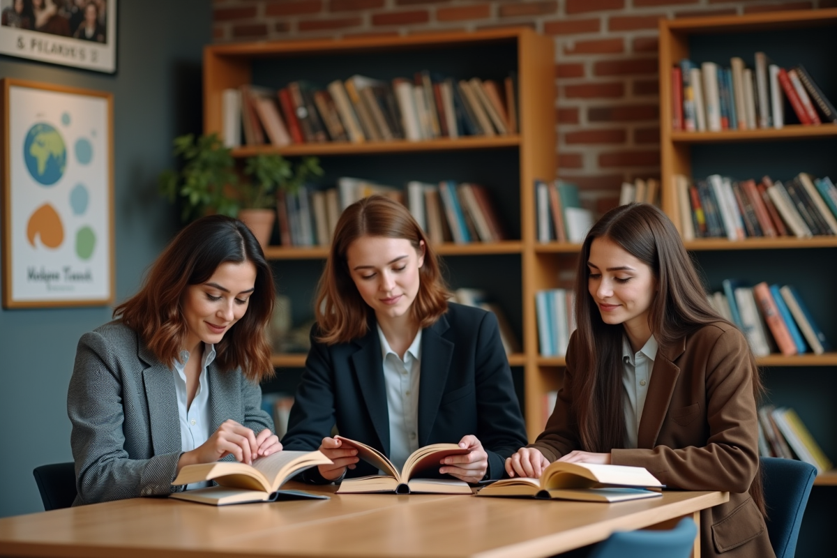 Trois adultes lisant des livres dans une bibliothèque moderne