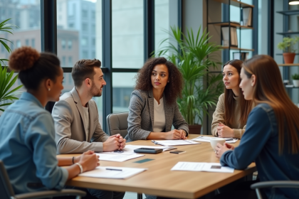 Groupe diversifié en réunion dans un bureau moderne