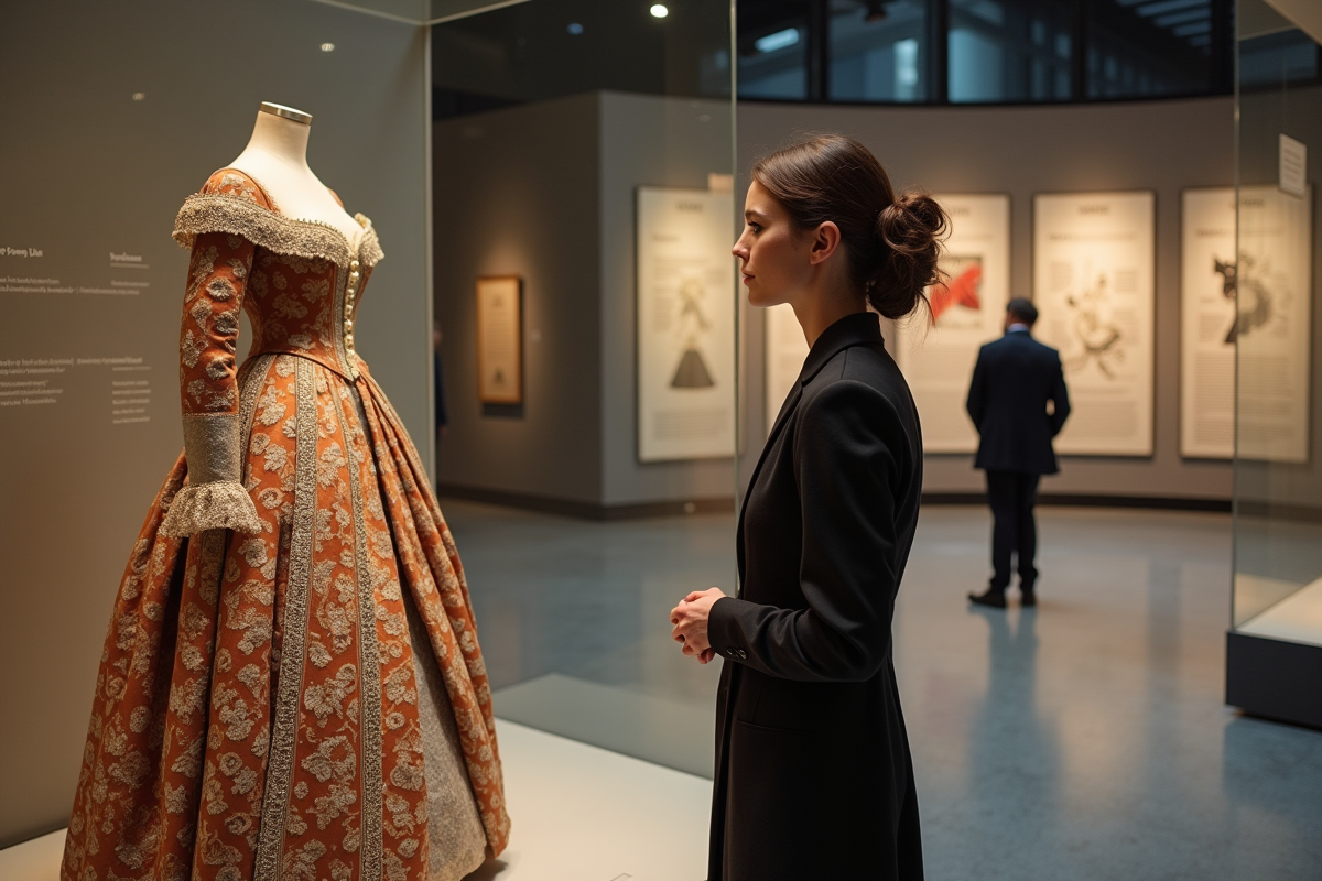 Jeune historienne de la mode devant une robe du XVIIIe siècle