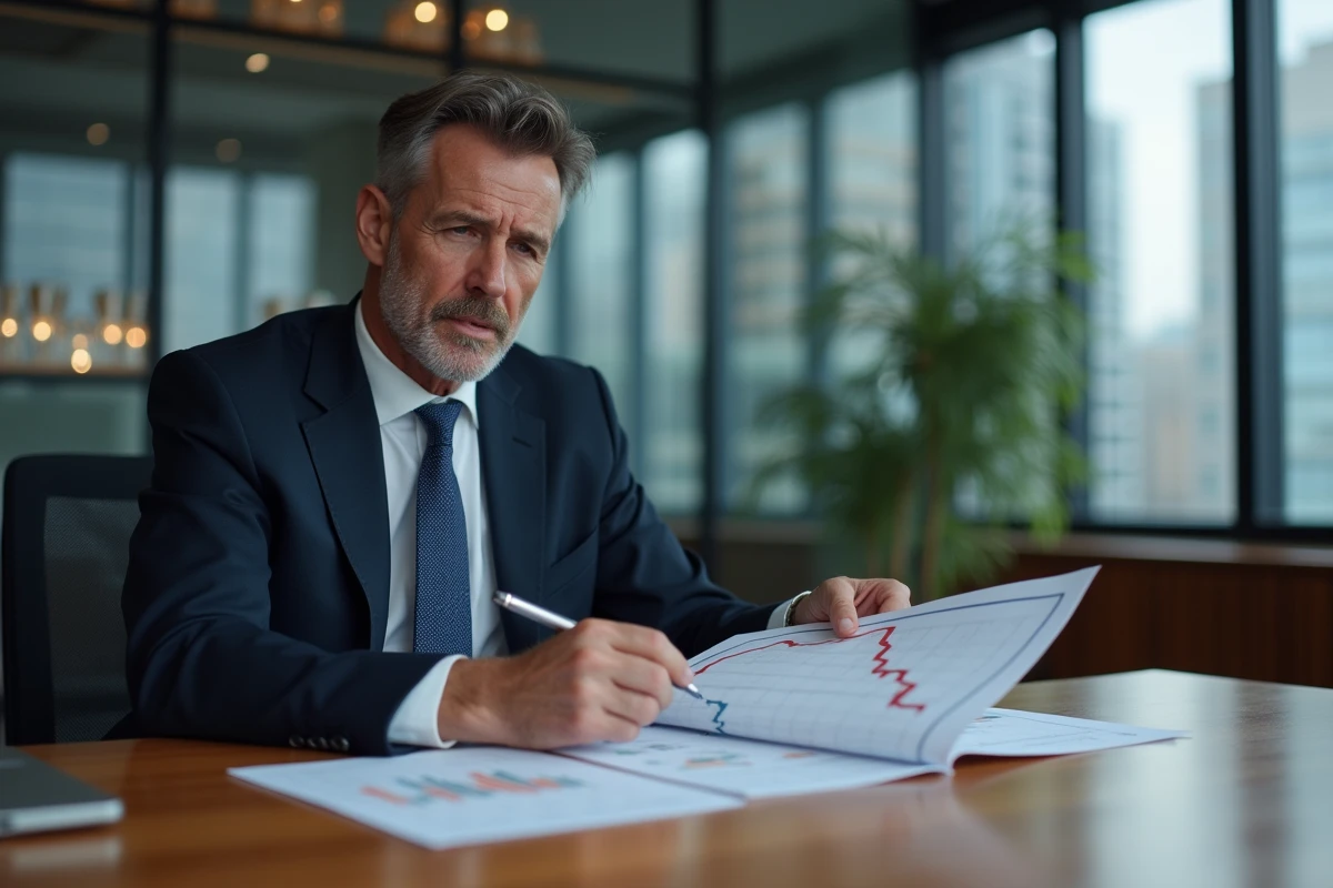 Homme d'affaires en costume analysant des graphiques financiers