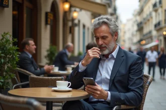 Homme d'affaires à Athènes vérifiant l'heure sur son smartphone