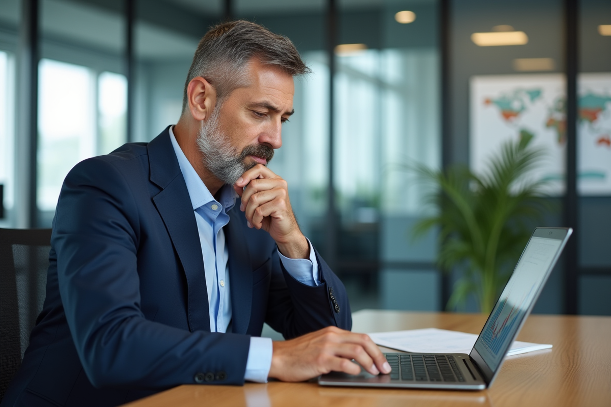 Homme d'affaires en costume bleu analysant un graphique immobilier