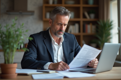 Homme d'affaires en intérieur français consulte ses documents bancaires