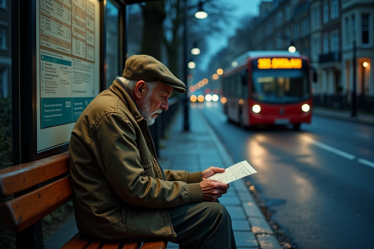 Homme âgé assis au arrêt de bus lisant un horaire