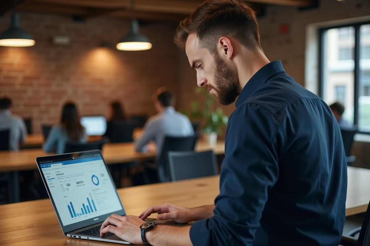 Homme analysant un tableau de bord d'abonnés sur les réseaux sociaux dans un espace de co-working