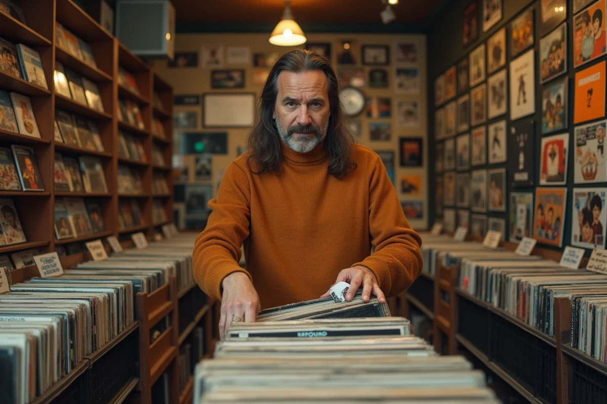 Homme style années 70 fouillant des vinyles dans un magasin de disques rétro aux murs couverts de pochettes d'albums