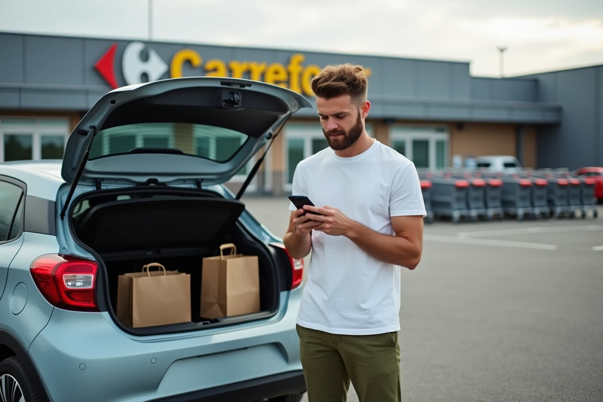 Homme consultant l'application Carrefour Drive sur smartphone dans un parking de supermarché