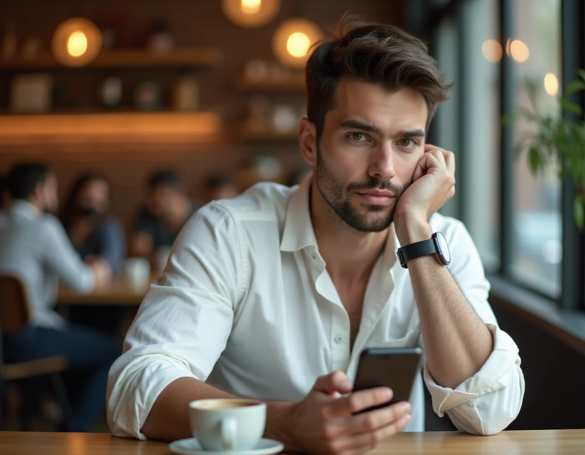 Homme utilisant une application de lecture de manga sur smartphone dans un café urbain moderne