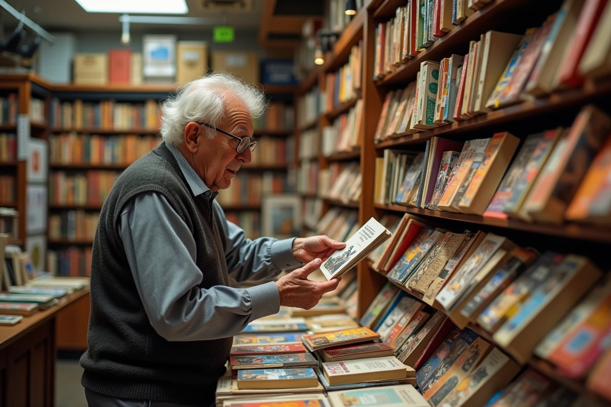Homme âgé feuilletant un livre dans une librairie