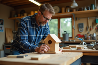 Homme d'âge moyen assemble une cabane à oiseaux dans un atelier lumineux