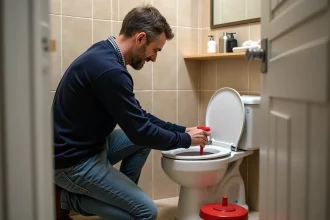 Homme en jeans et pull bleu utilisant un déboucheur dans la salle de bain