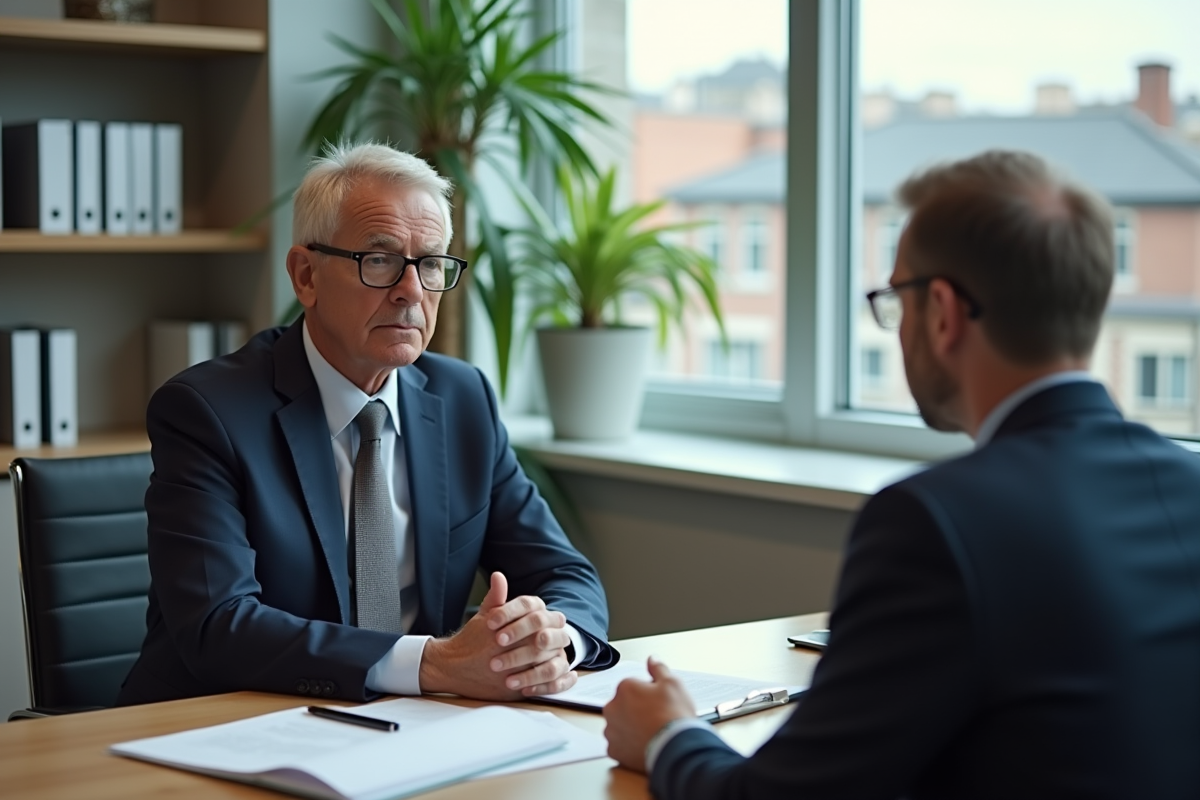 Homme en costume parle avec un conseiller en pension dans un bureau organisé