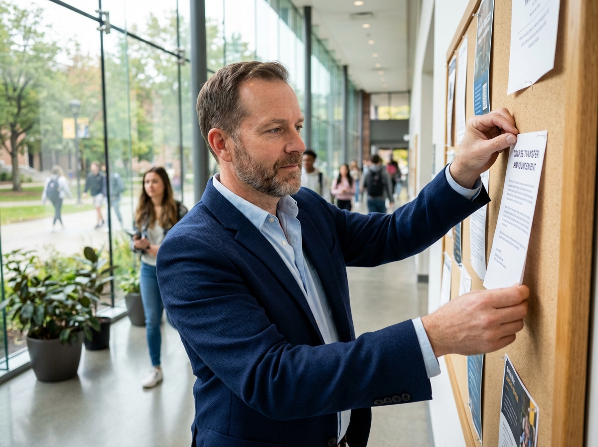 Homme en blazer affichant une annonce dans un couloir universitaire