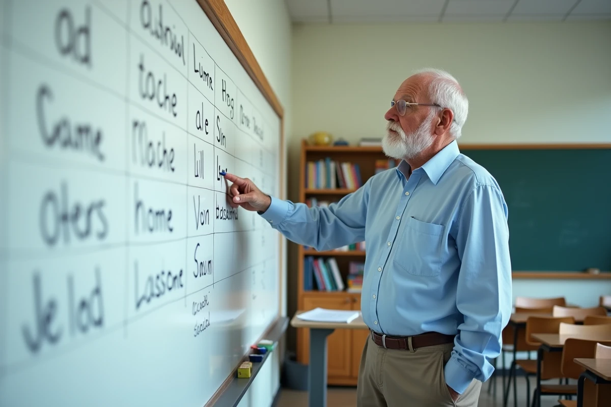 Homme expliquant un mot au tableau blanc en classe