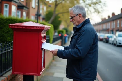 Homme d'âge moyen dépose une lettre dans une boîte aux lettres rouge